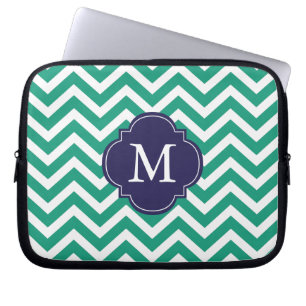 Protection Pour Ordinateur Portable Monogramme Motif Emerald Green & Blue Zigzags