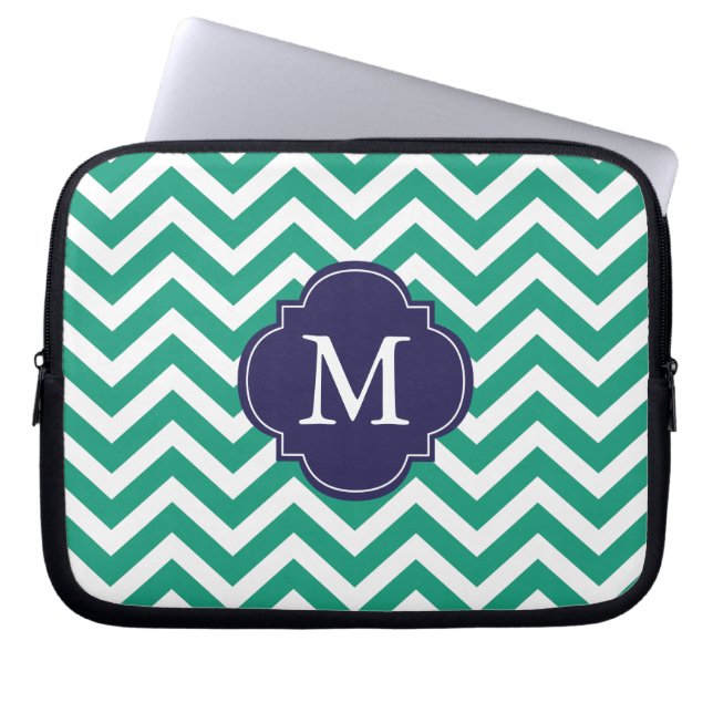 Protection Pour Ordinateur Portable Monogramme Motif Emerald Green & Blue Zigzags (Devant)