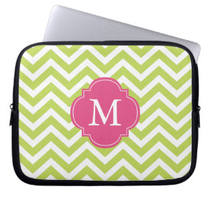 Protection Pour Ordinateur Portable Monogramme Motif Kiwi Green et Fuschia Zigzags