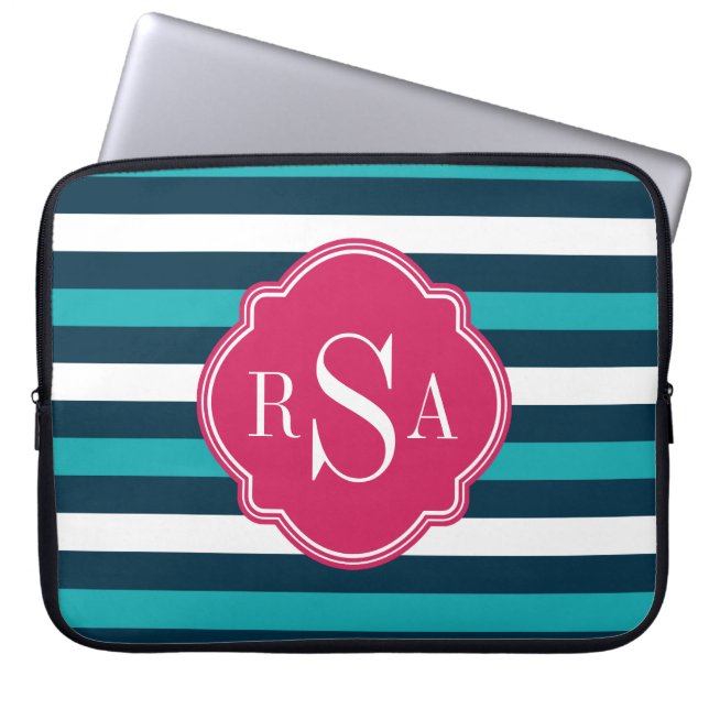 Protection Pour Ordinateur Portable Monogramme Motif rayé rose-blanc (Devant)