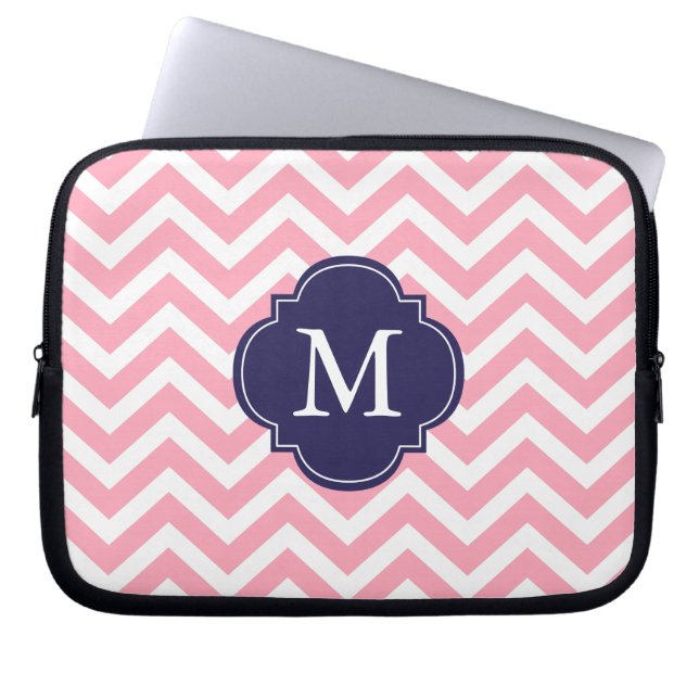 Protection Pour Ordinateur Portable Monogramme Motif rose et bleu Zigzags (Devant)