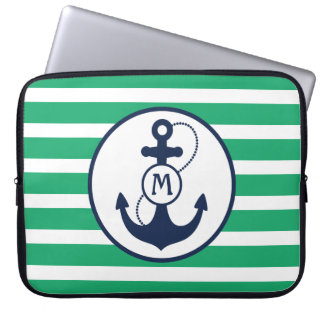 Protection Pour Ordinateur Portable Monogramme nautique vert d'Ancre