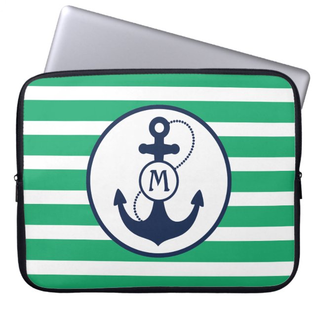 Protection Pour Ordinateur Portable Monogramme nautique vert d'Ancre (Devant)