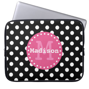 Protection Pour Ordinateur Portable Monogramme noir blanc Pois rose