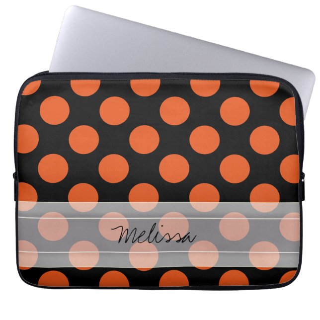 Protection Pour Ordinateur Portable Monogramme Noir Orange Chic Polka Motif (Devant)