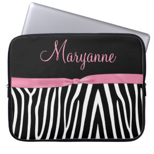 Protection Pour Ordinateur Portable Monogramme noir rose de ruban de rose de zèbre