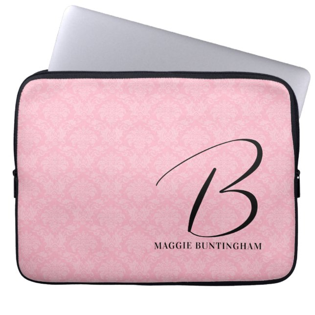 Protection Pour Ordinateur Portable Monogramme noir sur Damas rose (Devant)