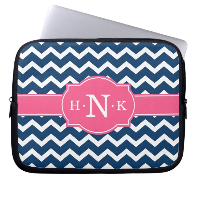Protection Pour Ordinateur Portable Monogramme rose Chevron Bleu Fille (Devant)