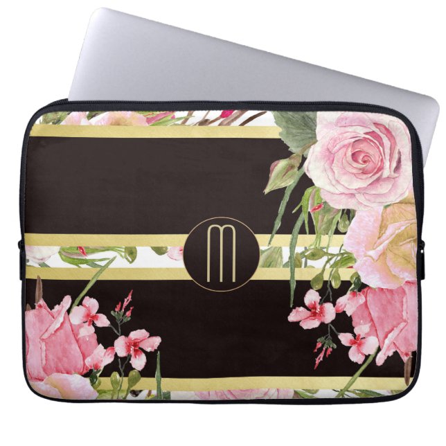 Protection Pour Ordinateur Portable Monogramme rose de motif de rayure de roses (Devant)