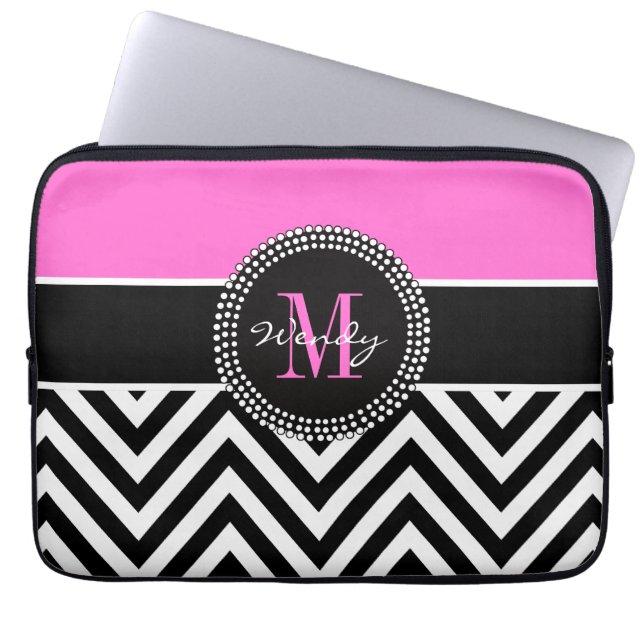 Protection Pour Ordinateur Portable Monogramme rose et noir de Chevron élégant (Devant)