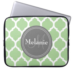 Protection Pour Ordinateur Portable Monogramme Sage Green & Grey Quatrefoil