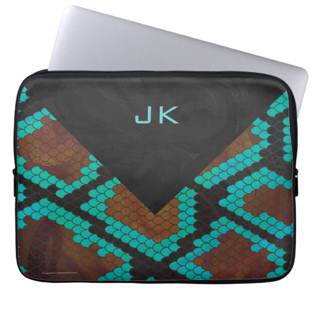 Protection Pour Ordinateur Portable Monogramme serpent impression Brown et Turquoise (Devant)