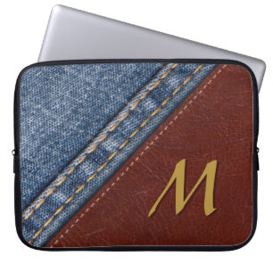 Protection Pour Ordinateur Portable Monogramme tendance Denim et cuir