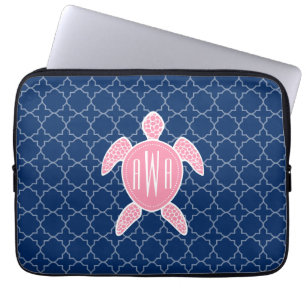 Protection Pour Ordinateur Portable Monogramme Tortue de mer rose bleu Quatrefoil