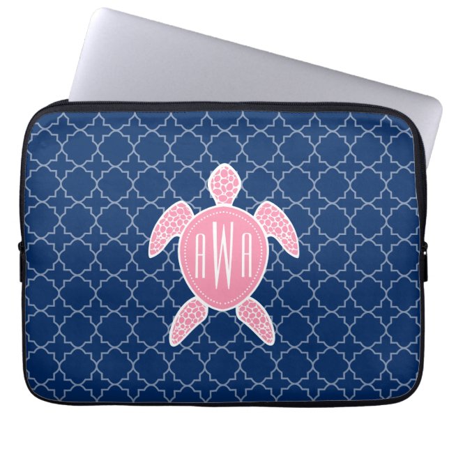 Protection Pour Ordinateur Portable Monogramme Tortue de mer rose bleu Quatrefoil (Devant)