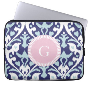 Protection Pour Ordinateur Portable Monogramme tribal de motif d'ikat girly bleu