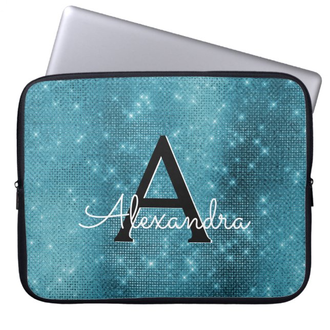 Protection Pour Ordinateur Portable Monogramme Turquoise Blue Sparkling Stars (Devant)