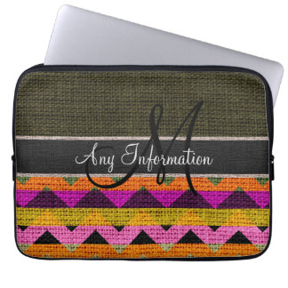 Protection Pour Ordinateur Portable Monogramme Vert foncé Chevron Zigzag Burlap Jute