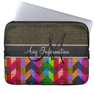 Protection Pour Ordinateur Portable Monogramme Vert foncé Chevron Zigzag Burlap Jute