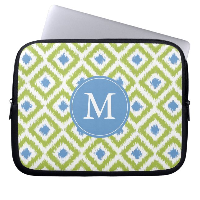 Protection Pour Ordinateur Portable Monogrammed Blue Green Diamond Ikat Pattern (Devant)