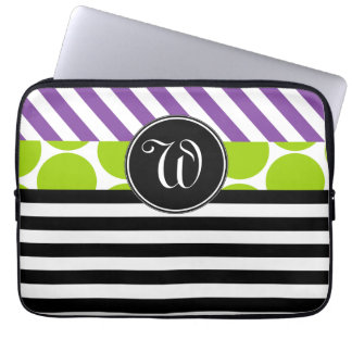 PROTECTION POUR ORDINATEUR PORTABLE MONOGRAMMMMÉ DES STRIPES NOIRES VERTES DE FILLE