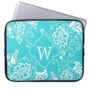 Protection Pour Ordinateur Portable Monographie florale décorative bleue Elegantaqua