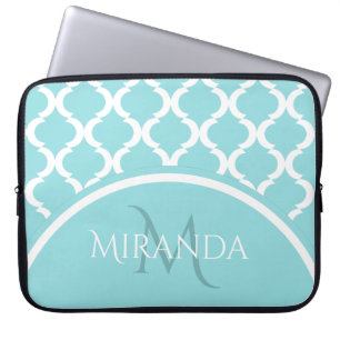 Protection Pour Ordinateur Portable Monongramme et nom du Quatrefoil Aqua Grand tendan