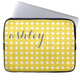 Protection Pour Ordinateur Portable Motif à pointe Polka tendance avec nom - gris jaun