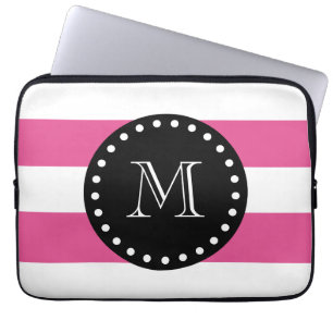 Protection Pour Ordinateur Portable Motif blanc de rayures de roses indien, monogramme