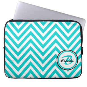 PROTECTION POUR ORDINATEUR PORTABLE MOTIF BLEU TURQUOISE DÉCORÉ D'UN MONOGRAMME DE