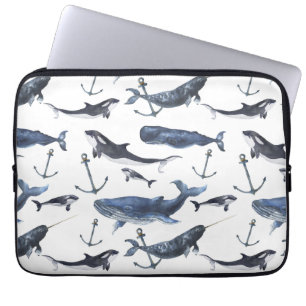 Protection Pour Ordinateur Portable Motif de baleine et d'Ancre d'aquarelle