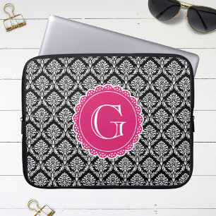 Protection Pour Ordinateur Portable Motif de Damas Floral noir Monogramme rose chaud