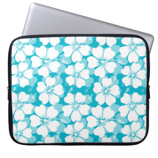 Protection Pour Ordinateur Portable Motif d'Hibiscus tropical blanc sur Turquoise