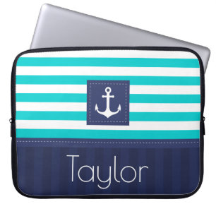 Protection Pour Ordinateur Portable Motif Nautique Bleu Moderne Rayé Texte Personnalis