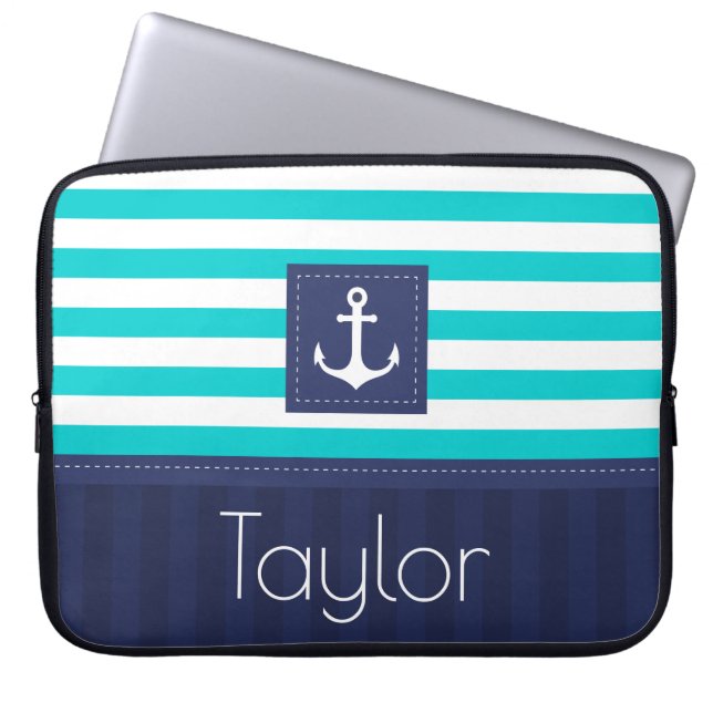 Protection Pour Ordinateur Portable Motif Nautique Bleu Moderne Rayé Texte Personnalis (Devant)