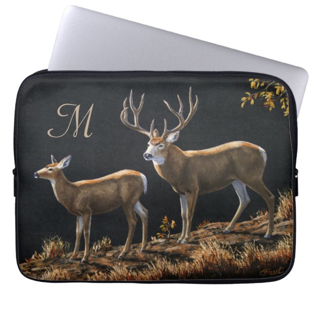 Protection Pour Ordinateur Portable Mule Deer Buck & Doe Monogramme (Devant)
