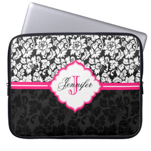 Protection Pour Ordinateur Portable Noir blanc et rose Vintage Damas floraux