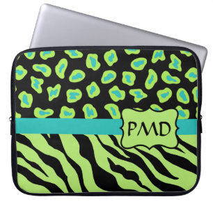 Protection Pour Ordinateur Portable Noir, Lime Vert & Turquoise Zebra & Cheetah Skin