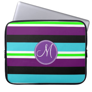 Protection Pour Ordinateur Portable Noir turquoise pourpre de chaux de motif rayé de