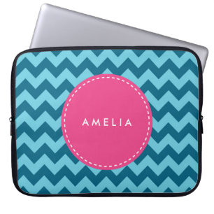 Protection Pour Ordinateur Portable Nom personnalisé Monogram Blue Chevron
