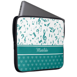 Protection Pour Ordinateur Portable Notes de musique et Motif de coeur Turquoise et bl