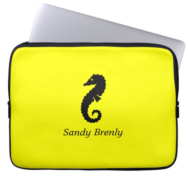 Protection Pour Ordinateur Portable Ocean Glow_Hippocampe noir sur jaune_personnalisé (Devant)