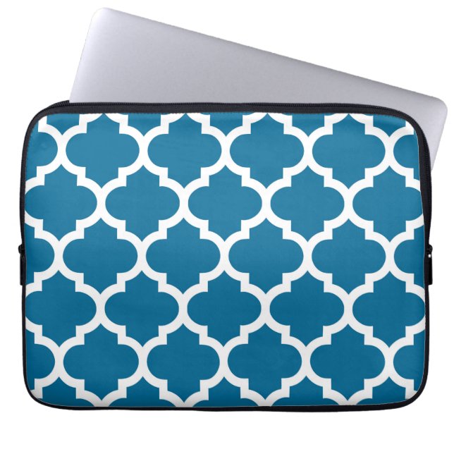 Protection Pour Ordinateur Portable Peacock Blue White Moroccan Quatrefoil Pattern #5 (Devant)