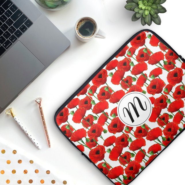 Protection Pour Ordinateur Portable Pépites rouges Motif Floral & Monogramme (Red Poppy Pattern with Monogram Laptop Sleeve (add your own initial))
