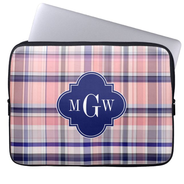 Protection Pour Ordinateur Portable Pink Navy White Preppy Madras Quatrefoil (Devant)