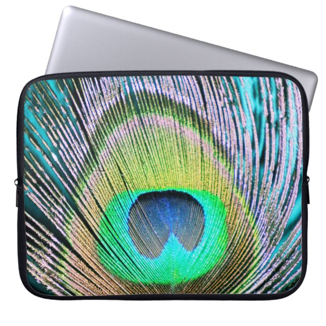 Protection Pour Ordinateur Portable Plume de paon sur Turquoise (Devant)