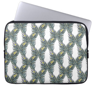 Protection Pour Ordinateur Portable Plumes Peacock noir, vert et blanc rustique