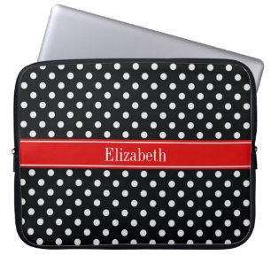 Protection Pour Ordinateur Portable Points noirs et blancs Monogramme nom rouge