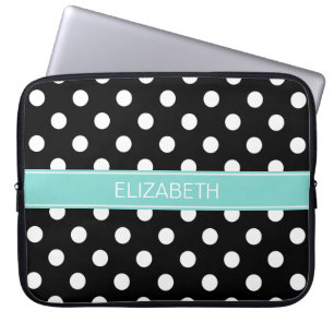 Protection Pour Ordinateur Portable Pois noirs blancs #2 Nom Turquoise Monogramme