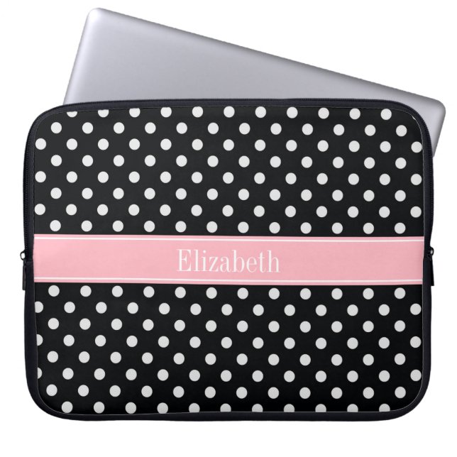 Protection Pour Ordinateur Portable Pois noirs et blancs Nom rose Monogram (Devant)